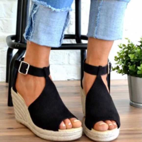 5⭐️BLACK ESPADRILLE WEDGE HEELS SANDAL - Shoe - Picture 4 of 4